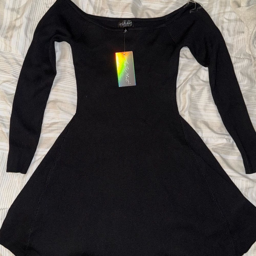 Say What? Black Long Sleeve Off-Shoulder Knit Dress